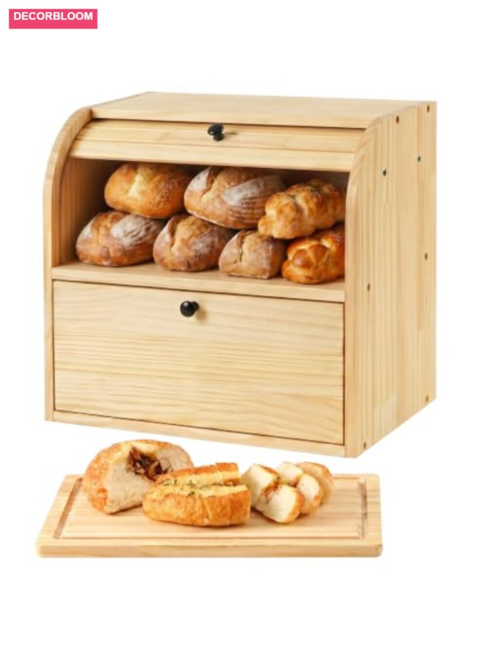 Solid Pine Wood 2-Tier Roll Top Bread Box with Magnetic Cutting Board